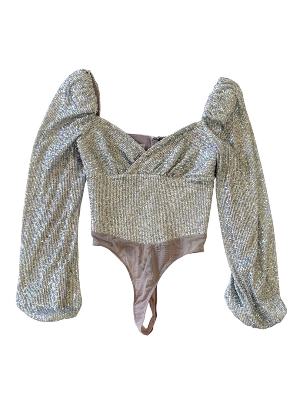 House of CB Julissa Silver Sequin Bodysuit Puff Sleeve XS NWT - Picture 2 of 8